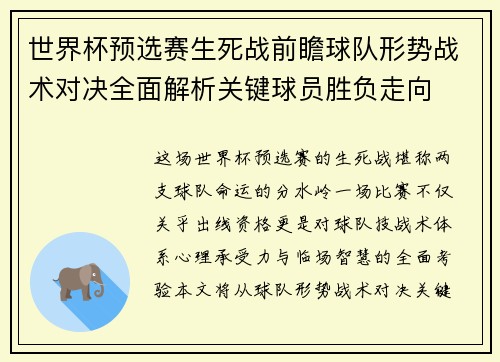 世界杯预选赛生死战前瞻球队形势战术对决全面解析关键球员胜负走向
